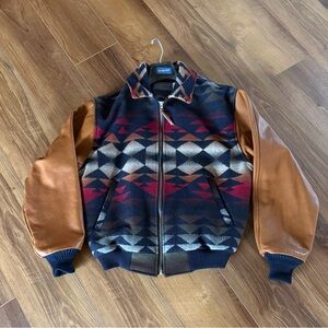 Vintage Pendleton Multicolor Geometric Wool Jacket with Leather Sleeves